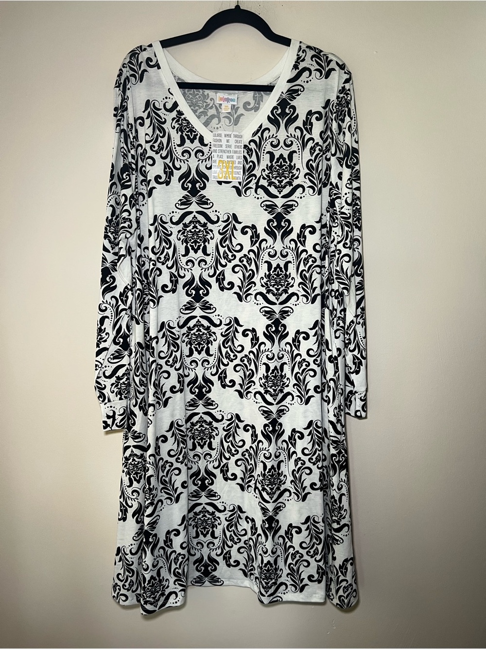 LuLaRoe Emily Long Sleeve White Dress with Black Damask Print